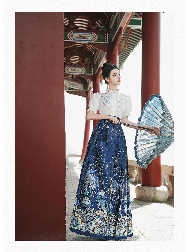 6521 Authentic Chinese Hanfu Embroidered Short-Sleeve Top & Starry Sky Satin Skirt Set