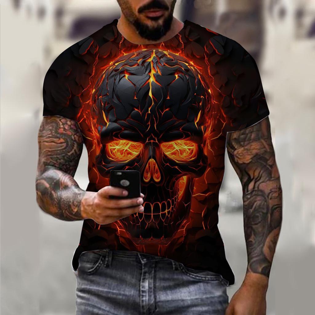 Summer Round Neck 3D Horror Skull Print Top Fashionable Casual Short Sleeved Men's T-shirts