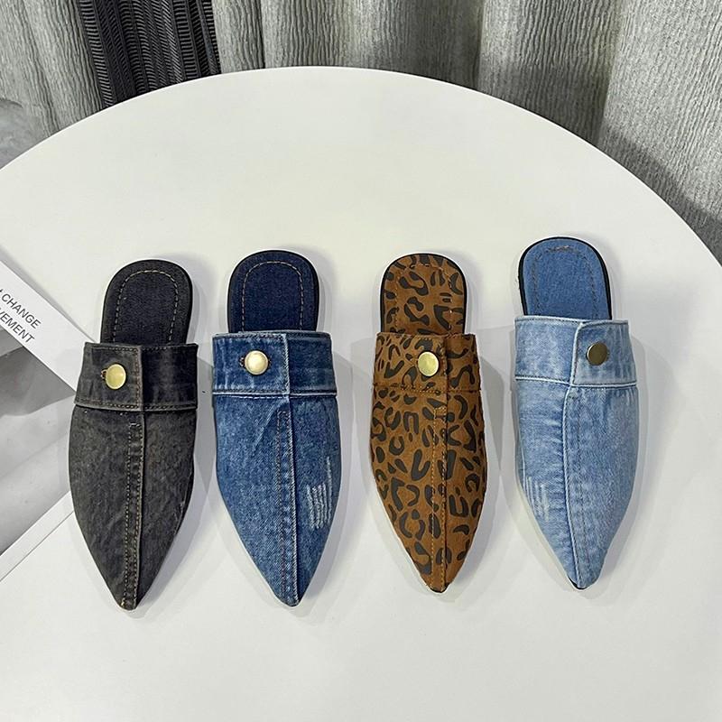 Модные осенние новые туфли-лодочки с острым носком, глубоким вырезом и заклепками, на мягкой подошве, нескользящие, износостойкие, модные джинсовые шлепанцы