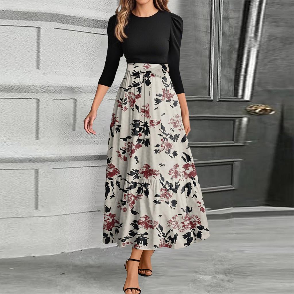 Женское модное повседневное платье с поясом и круглым вырезом, цветочной вышивкой, элегантное, темпераментное, с рукавами три четверти