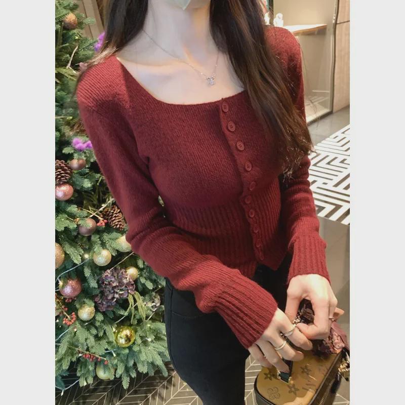 Женский облегающий вязаный кардиган - квадратный воротник, длинный рукав, короткая талия для осени/зимы