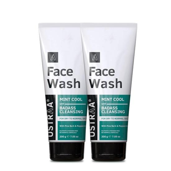 Ustraa Face Wash - Mint Cool - For Dry To Normal Skin - 200g X 2 (Set of 2) | Reduces Moisture Loss | Removes Dirt & Dead Skin