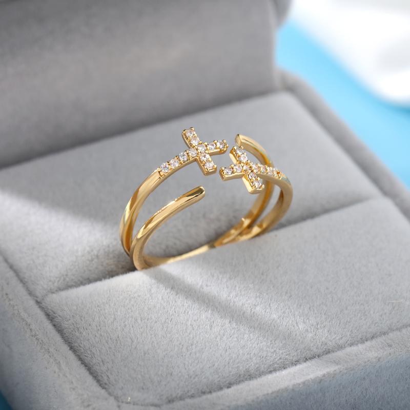 Zircon Double Cross Rings For Woman Stainless Steel Gold Color Shiny Opening Ring New Luxury Fashion Wedding Zircon Gift Bague