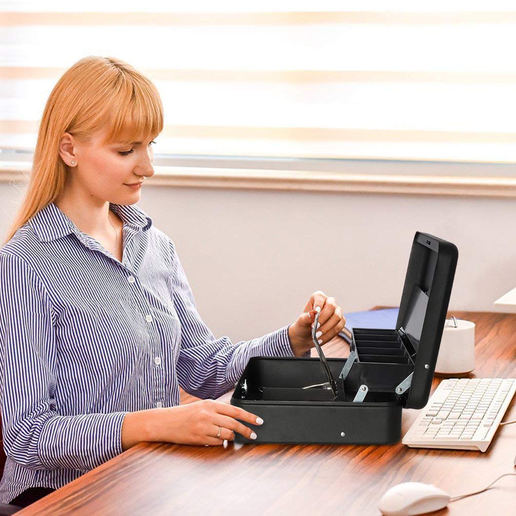 Jssmst Портативный сейф с дисковым замком, Касса для монет с тремя пружинными зажимами, Органайзер для банкнот, Металл, 30x24x8.8см (Черный циферблат)