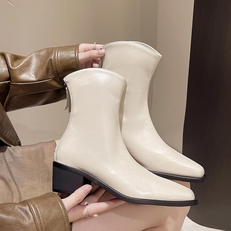 Naked Boots Women's Winter Comfortable and Versatile Square Heel Solid Color Zipper Decorated Fashion Boots Women's Shoes