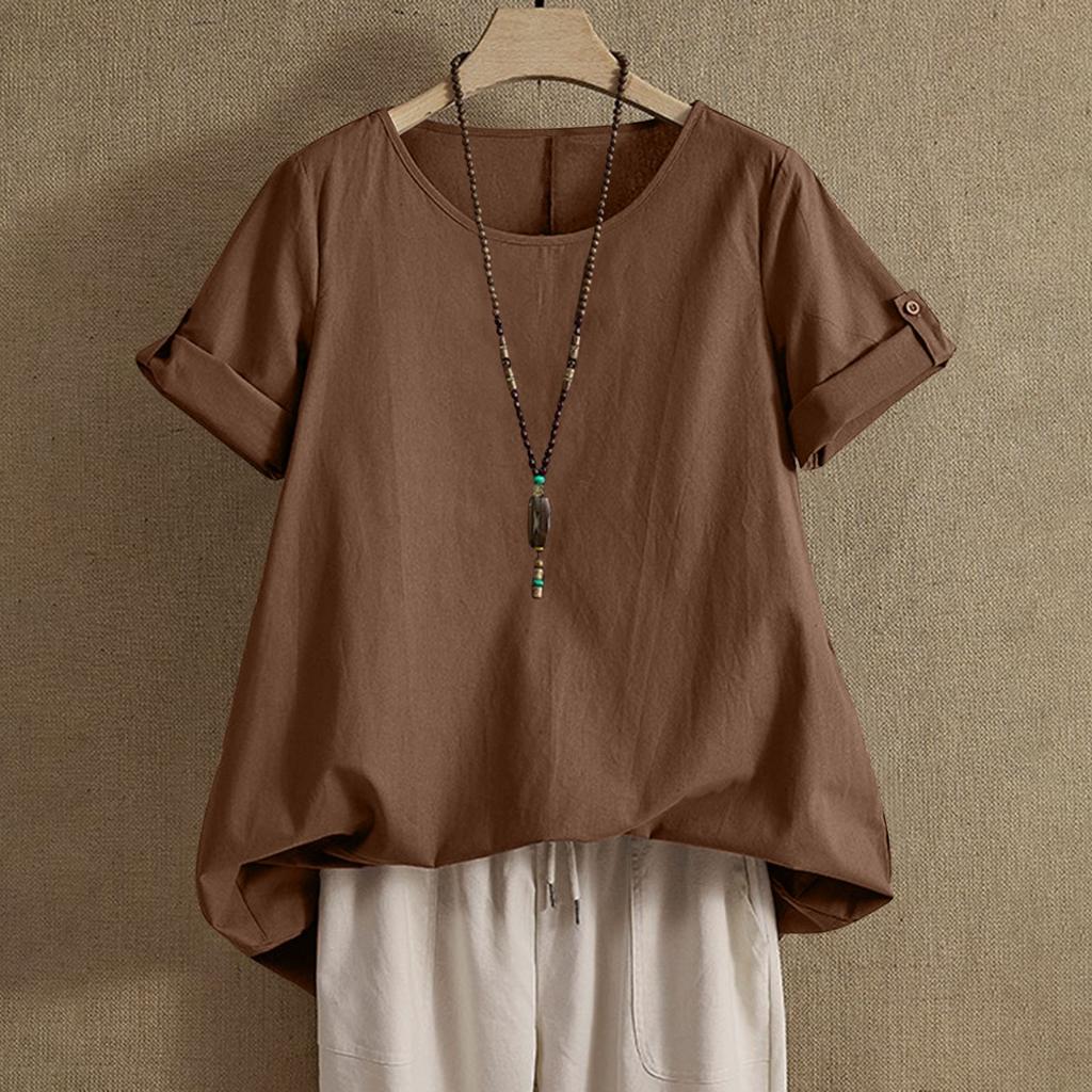 Womens Shirt Round Neck Short Sleeve Blouse Tops Fashion Solid Color Loose Casual Summer Tops