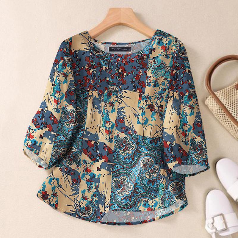 ZANZEA Women Casual O-neck 3/4 Sleeve Loose Print Cotton Blouse