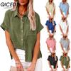 Летняя женская одежда однотонная льняная рубашка с коротким рукавом повседневная свободная рубашка