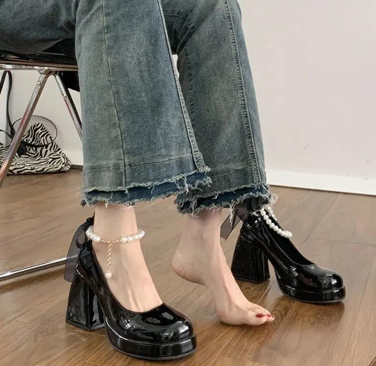 Fashion Lolita Shoes Women Japanese Mary Jane Heeled Shoes Women Retro Pearl Bow Ankle Strap High Heel Platform Shoes Chaussure Femme