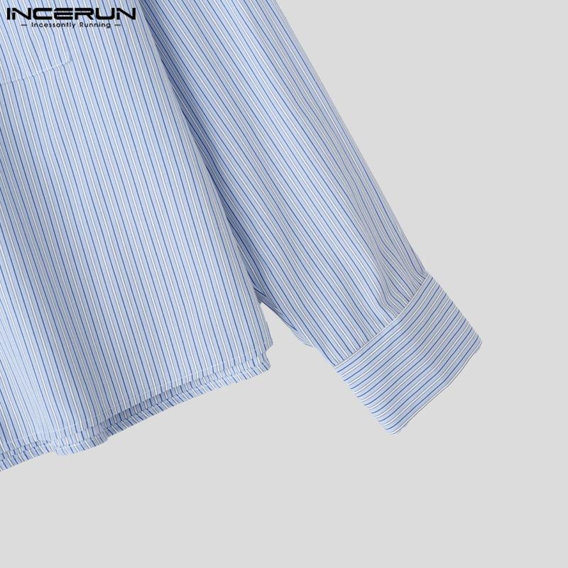 INCERUN S-XXXXXL Men Lapel Neck Long Sleeve Striped Casual Loose Shirts Tops