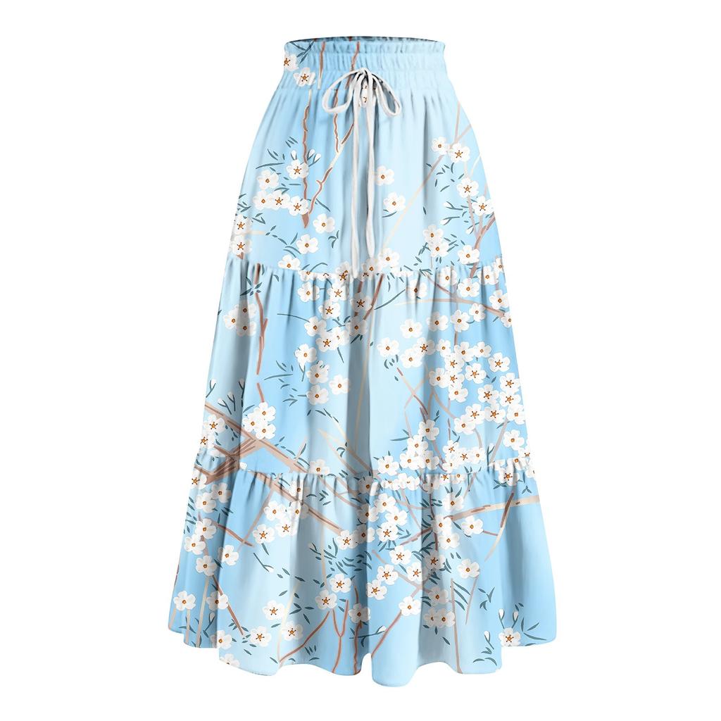Women's Ruffled Spring Casual Long Skirt Plain Color Skirt Retro Pleated Skirt