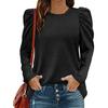 O-Neck Pleated Shoulder Puff Long Sleeves Women Blouse Fall Winter Solid
