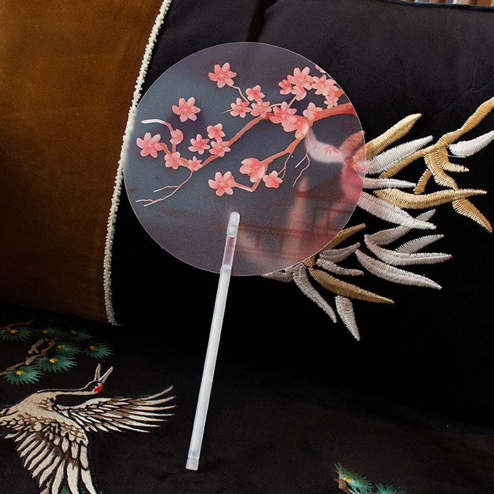 Frosted Fan Handle Ancient Long-handled Fan Color Printing Anti-break Handheld Round Fan High-looking Translucent