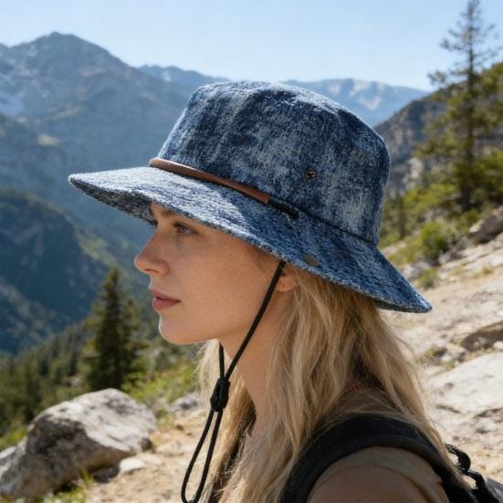 Unisex Fisherman Hat Extra Large Brim Adjustable Fit Hiking Bucket Hat Windproof Buckle Washed Denim Outdoor Travel UV Blocking