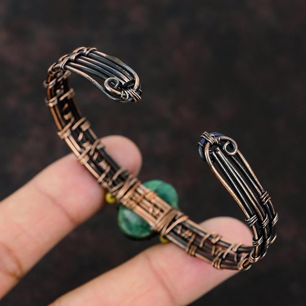 Малахитовый браслет-манжета Браслет из желтого коралла и красного коралла с бусинами Медная проволока Ювелирные изделия в обертке Регулируемый браслет Ювелирные изделия из драгоценных камней Манжеты ручной работы