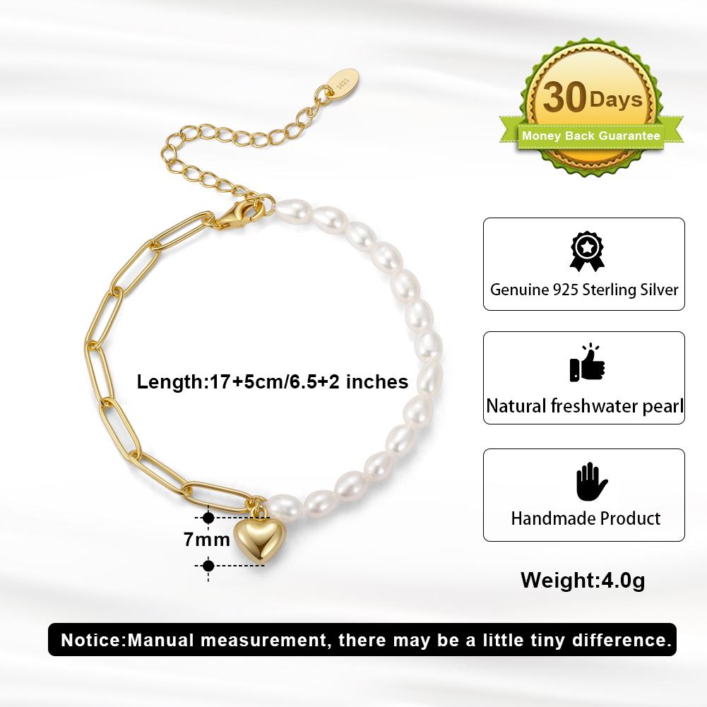 Pearl Jewelry 925 Silver Pearl Bracelet Heart Charm Paperclip Chain14K Gold Plated Freshwater Pearl Bracelet