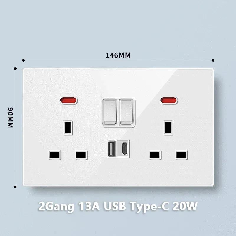 Universal Tempered Glass 20W Quick Charge USB Type-c Wall Dual 3pin Socket panel,UK 13A Wall 220V 2Way Light Switch Power Outlet