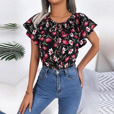 Женская блузка с цветочным принтом, свободная, с оборками, рукавами-крылышками, круглым вырезом, шнуровкой, шифоновый топ, весна-лето, женская мода