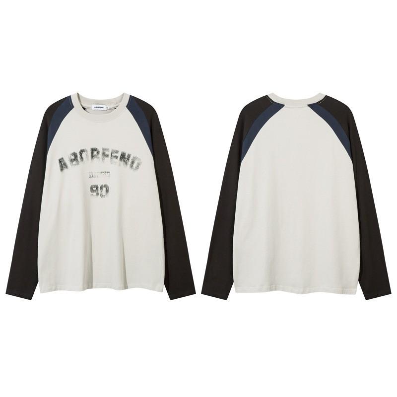 Unisex Oversized Campus Style Long Sleeve Tee With Contrast Color Panel Abstract Print