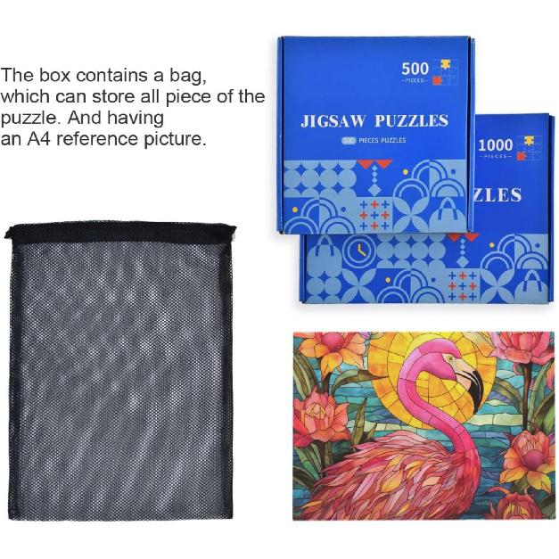 Витражный Фламинго Пазл 500 Деталей, Пазл с Мешочком для Хранения и Справочным Изображением Легко Собирать