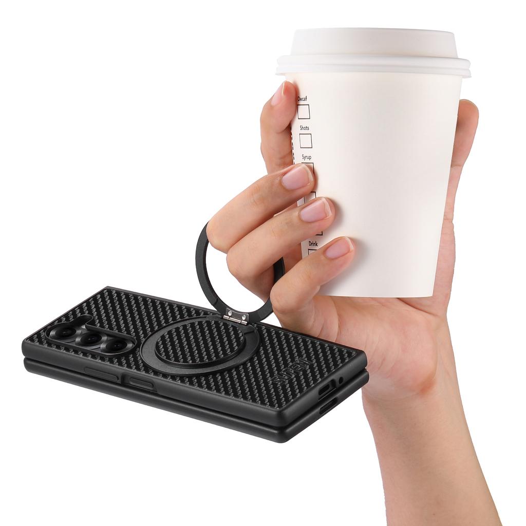 SUTENI G3 For Samsung Galaxy Z Fold6 5G Magnetic Case Rotating Kickstand Carbon Fiber Texture Leather Phone Back Cover