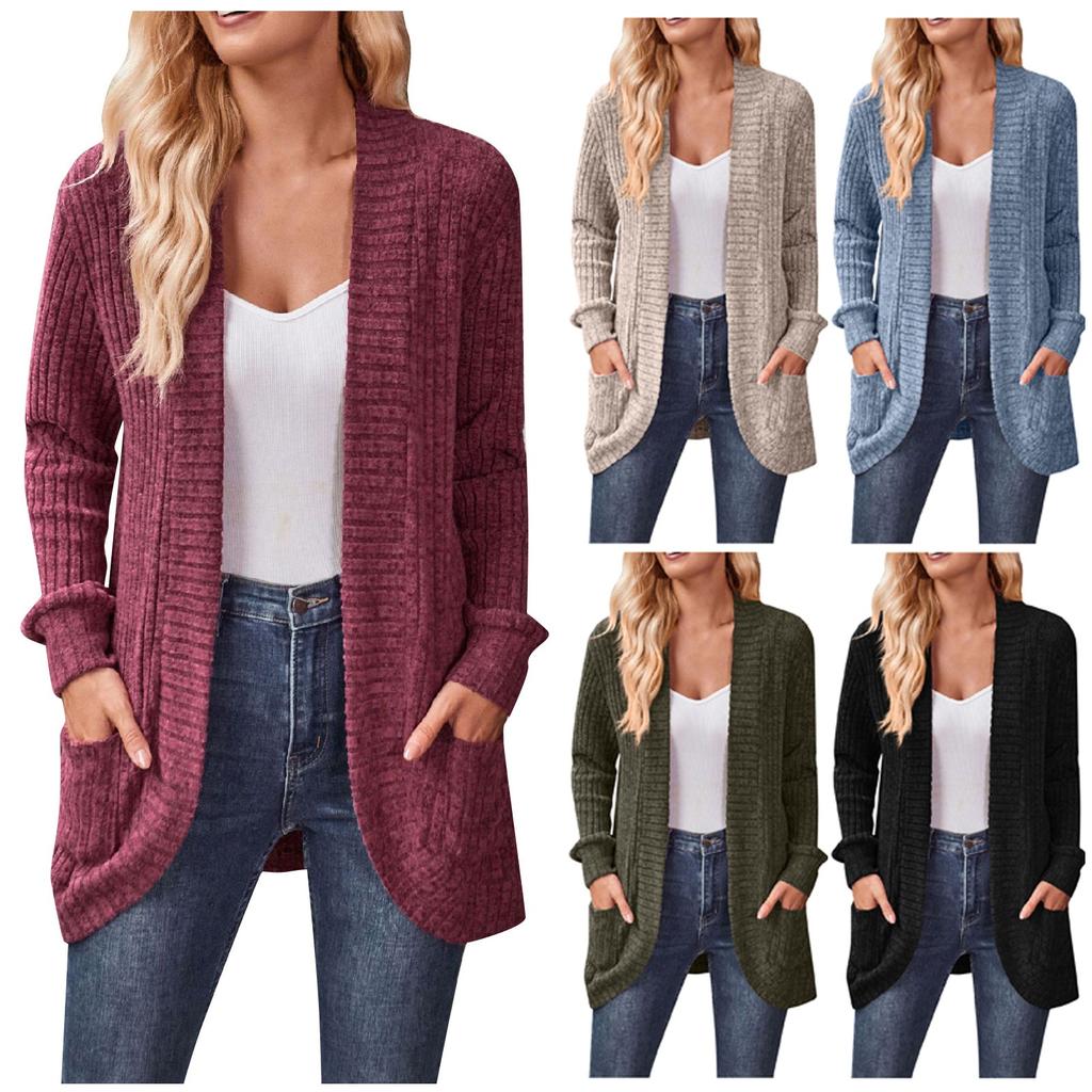 Women Ladies Solid Color Long Sleeve Length Cardigan Sweater Coat Top