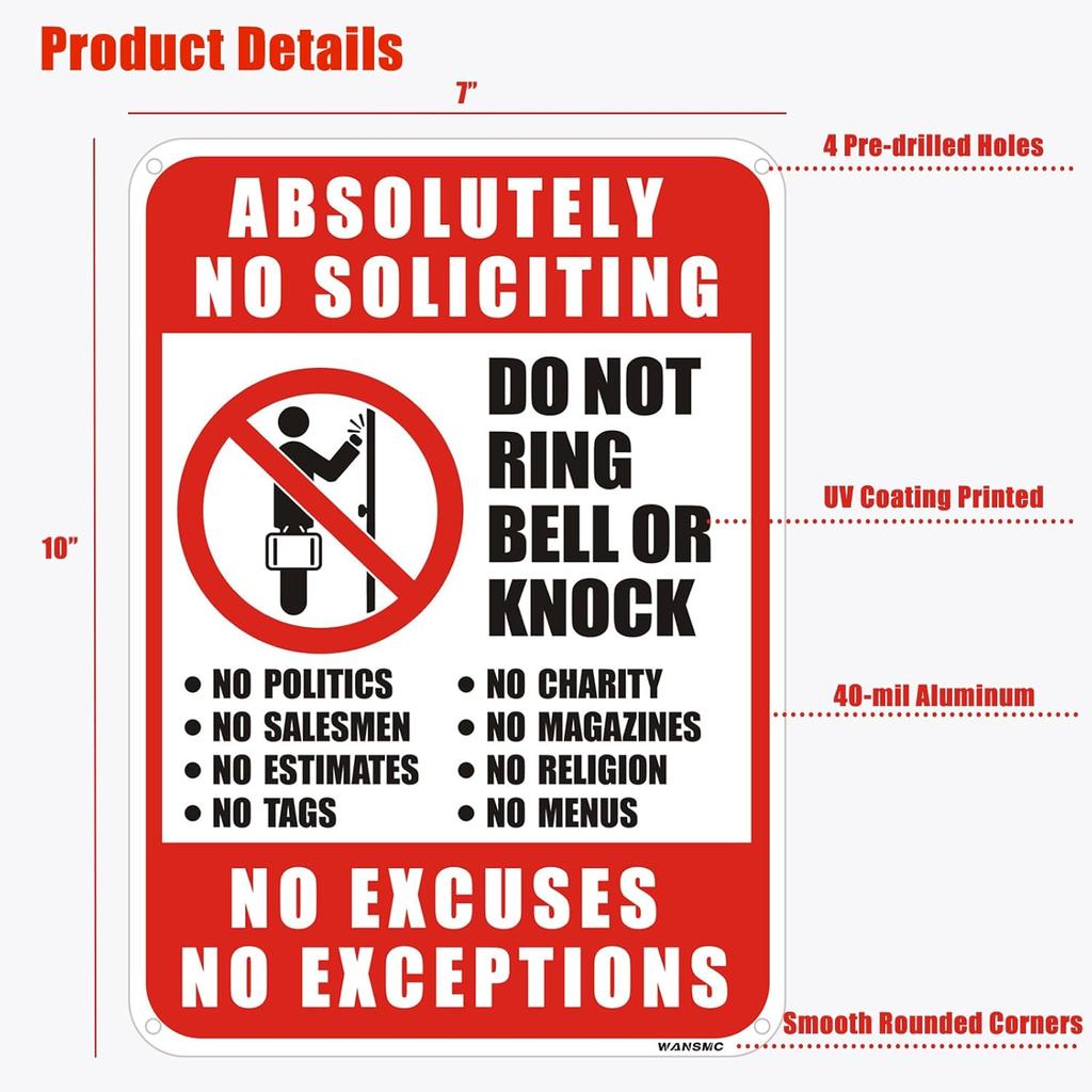 2PC No Soliciting Sign, No Excuses, No Exceptions Do Not Ring Bell Or Knock Sign, 7" x 10" - Aluminum, Funny Door Decoration for Home, Office, Yard,