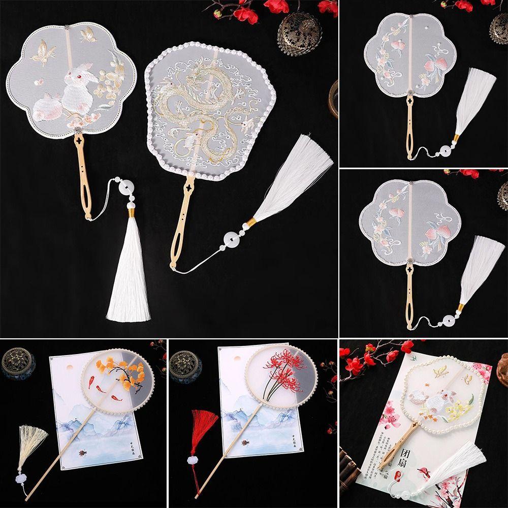 Украшение для дома с кисточкой, отделкой жемчугом, вышивкой, ручной веер в китайском ретро-стиле, с длинной ручкой