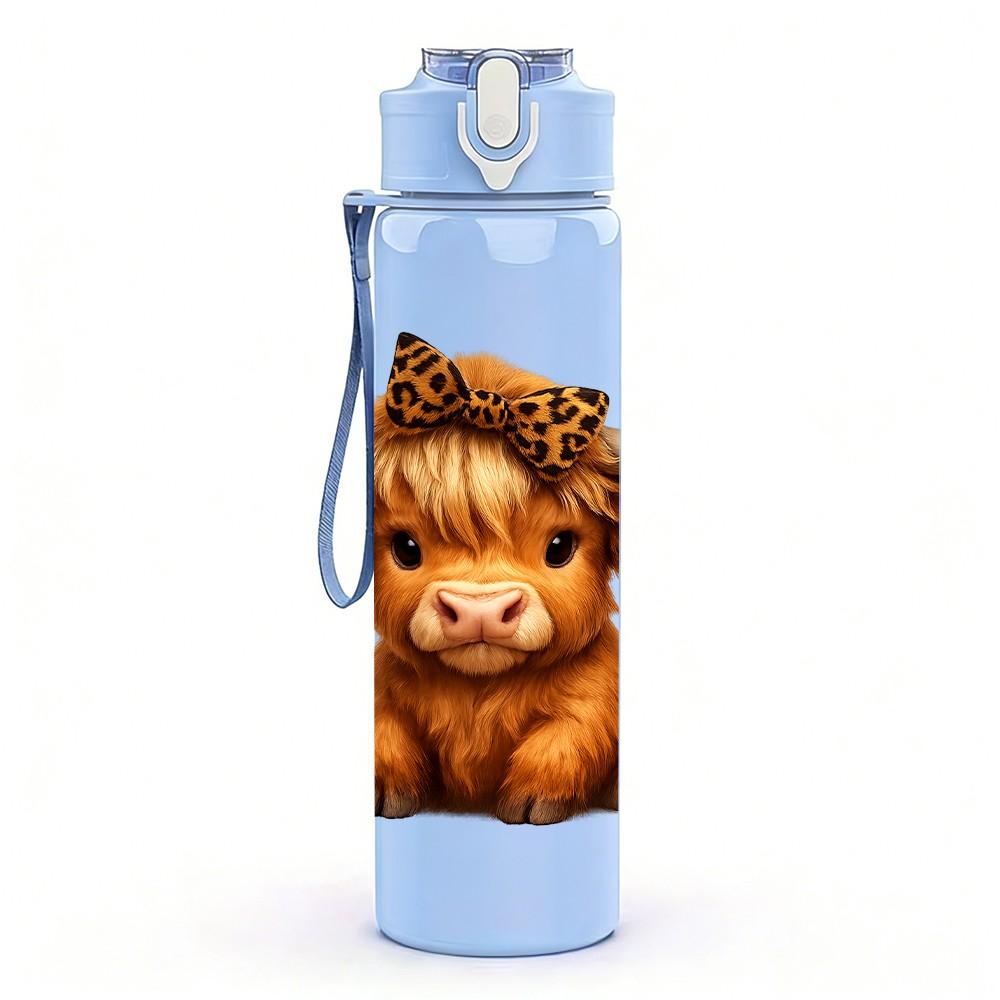 1PC Brown Highland Cow Horn Portrait 750ml Color Plastic Sports Water Bottle Leakproof Flip Straw Lid Suitable for Sports Office Home Use