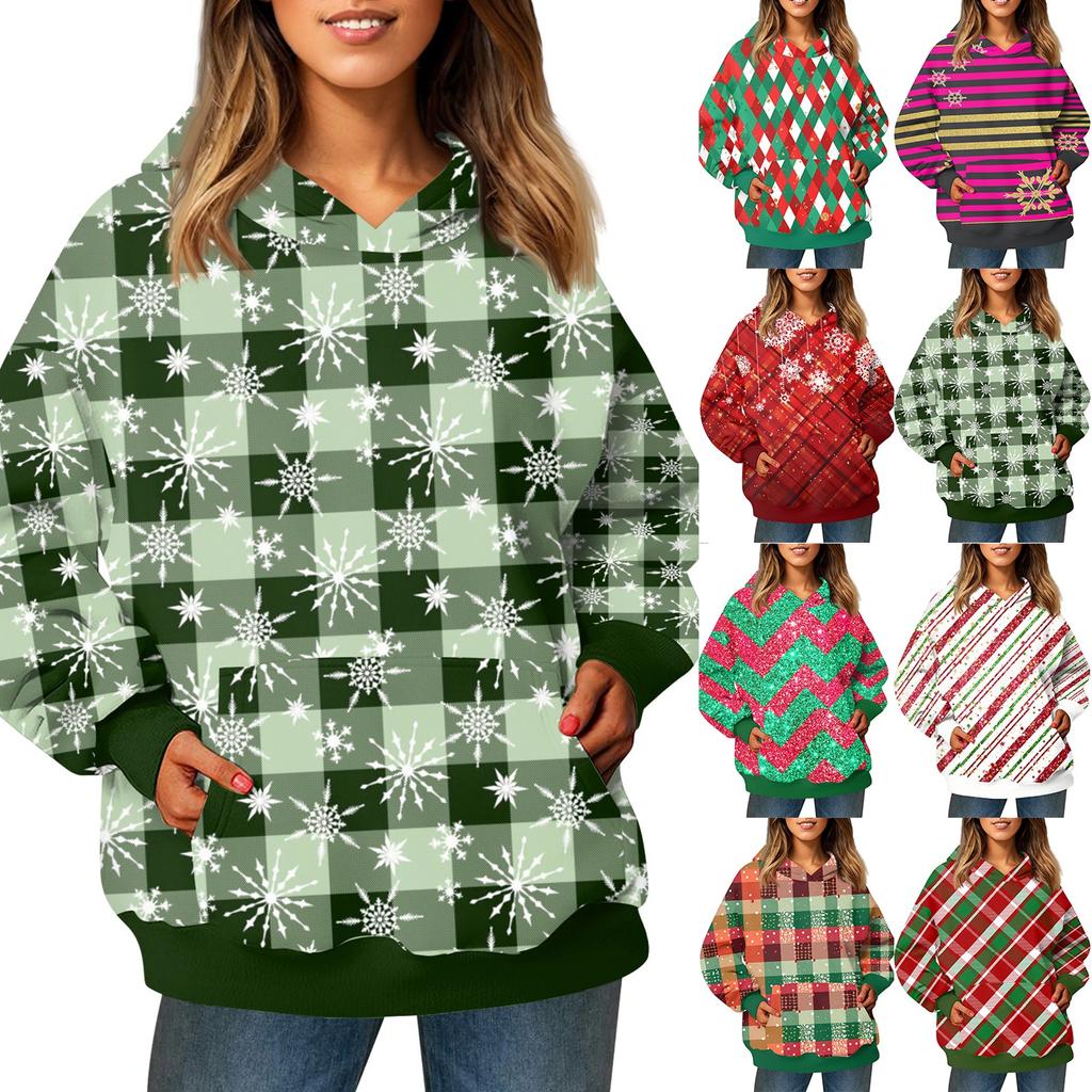 Ladies' Fashionable Long Sleeved Pullover With Christmas Print Hooded Pocket Sweatshirt