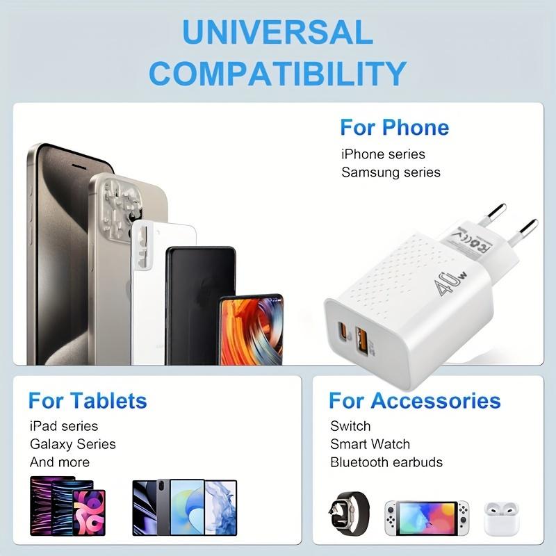 [ЕС] Двойное зарядное устройство USB C 40 Вт для быстрой настенной зарядки, сетевой адаптер Type C, вилка Qc4.0, с кабелем Type C длиной 100,58 см для iPhone 16 1514 13 12 Pro Max для iPad Airpod