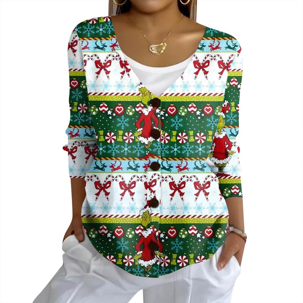 Women's Fashion Casual Knit Sweater Button-Up Christmas Print Cardigan Jacket
