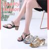 Fashion Thick Heel Fish Mouth Sandals Women Wear with Rhinestones Outside Large Size Sexy Round Head Medium Heel Cool Slippers Outside