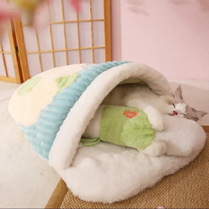 New Warm Sleeping Bag Cats and Dogs Deep Sleep Nest Cushion with Pillow Removable Pet Bed Winter Comfortable Soft Cozy Pet Carri