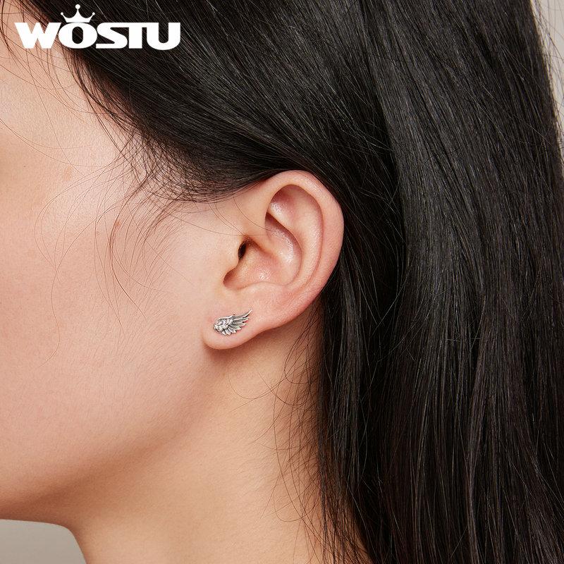WOSTU 925 Sterling Silver Hip Hop Vintage Couples Creative Angel Wings Stud Earrings Women Punk CZ Studs Birthday Jewelry Gift