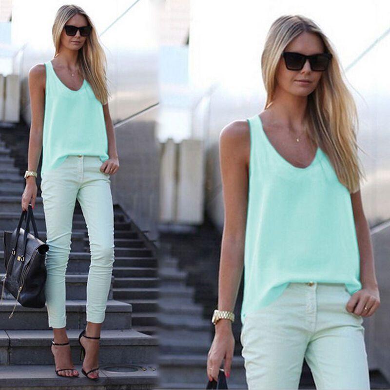 Stylish Womens V Neck Chiffon Sleeveless Vest Comfortable Loose Casual Summer Shirt