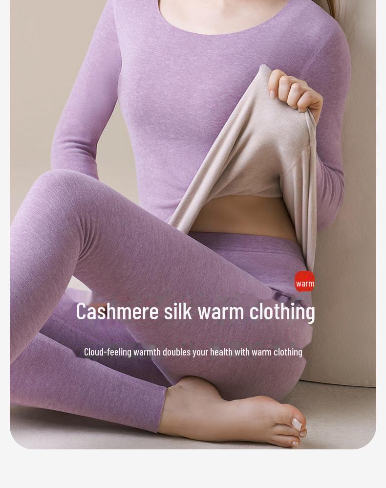 Женское термобелье из кашемира: Плюс бархатный, плотный бесшовный топ с круглым вырезом на осень/зиму.