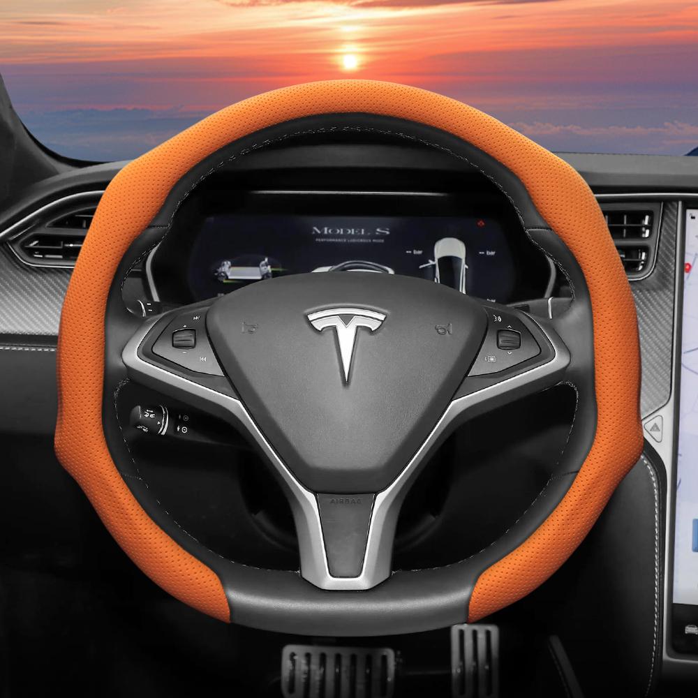 Подходит для Tesla, Чехол на перфорированное кожаное рулевое колесо, Нескользящий, Впитывающий пот, Дышащий, Интегрированный защитный чехол-защелка для Model 3 Y S
