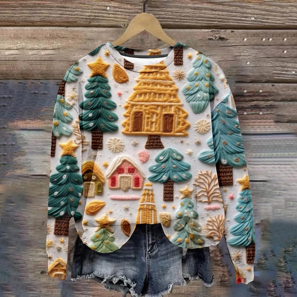 New Christmas Sweater Women T-Shirt Long Sleeve Tops Christmas Tree Graphic Clothing Y2k Cute Girls Apparel Ladies Sweatshirt