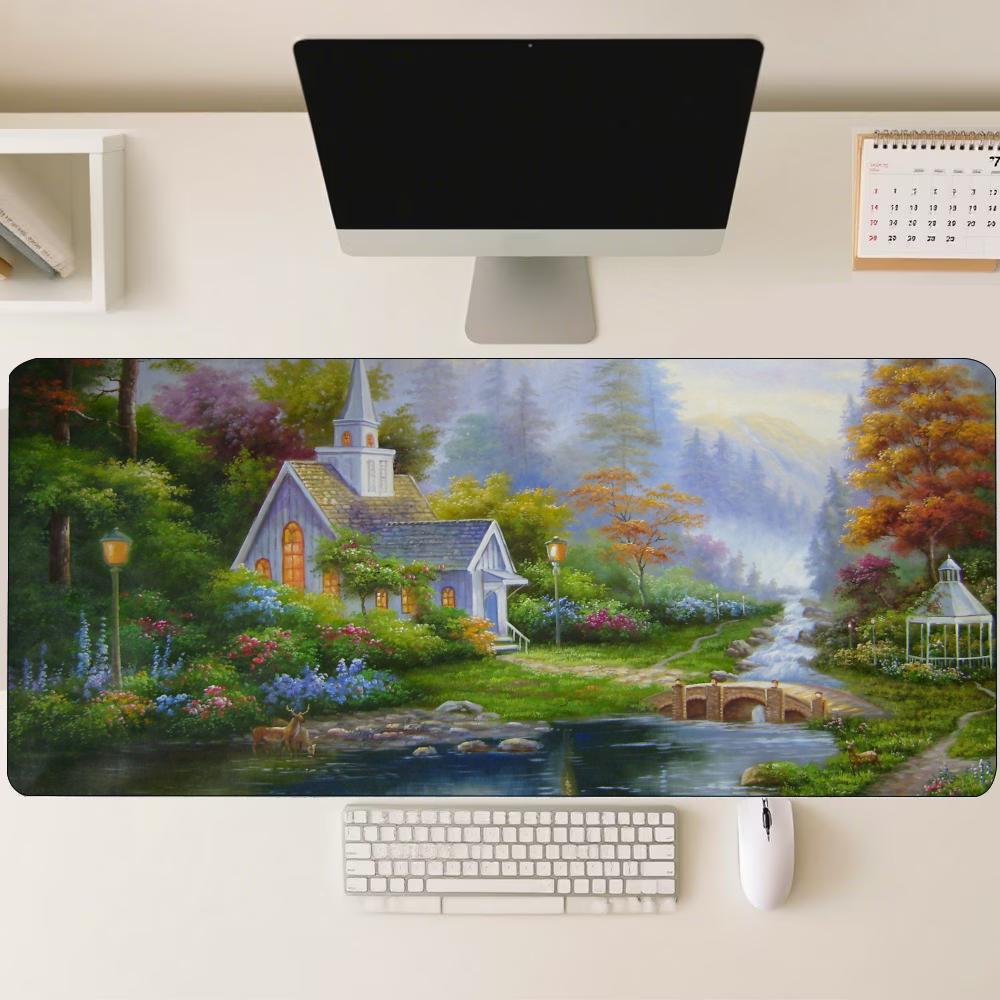 Oil Painting Landscape Large Extended Mouse Pad NonSlip Rubber Stitched Edges Print Desk Mat For Gaming Setup Office Laptop