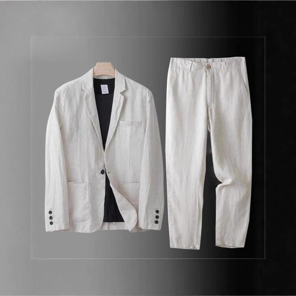 Мужской костюм из светло-серого льна, однобортный пиджак с подходящими брюками, повседневная деловая одежда
