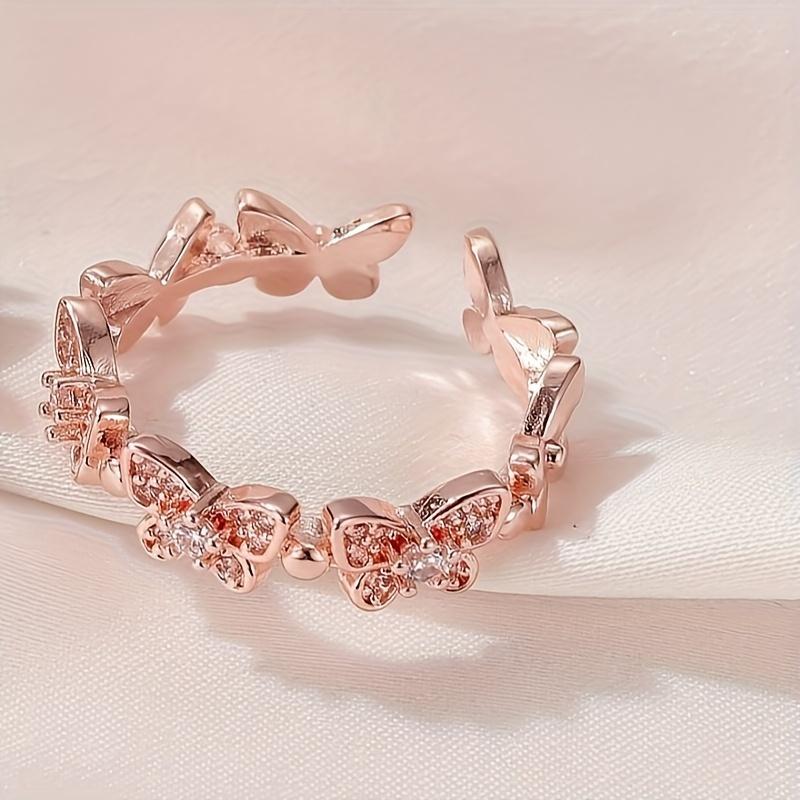1 шт., элегантный и классический стиль, серебристо-розово-золотистое открытое кольцо в форме бабочки, инкрустированное блестящим циркониевым кольцом