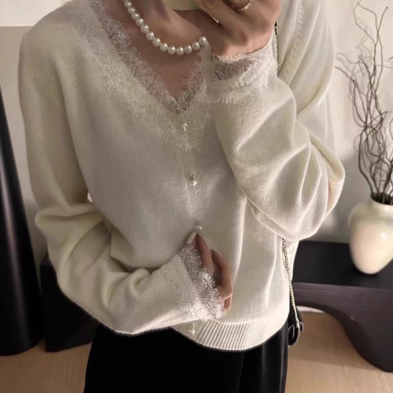 Women's V-Neck French Lace Sweater - Spring/Autumn Fashion, Loose-Fit, Long-Sleeve Top