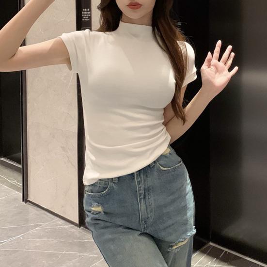 Женские топы с полувысоким воротником, короткими рукавами, приталенная футболка, однотонная