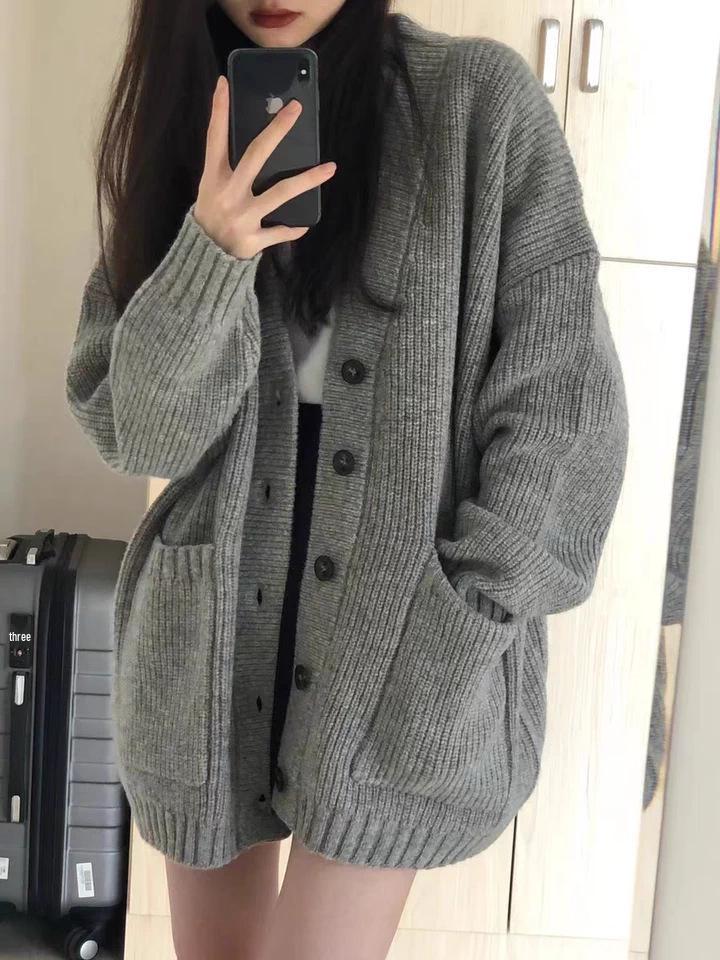 New Autumn/Winter V-neck Wool Cardigan: Women's Korean Style, Single-Breasted, Loose Fit, Mid-Length Top.
