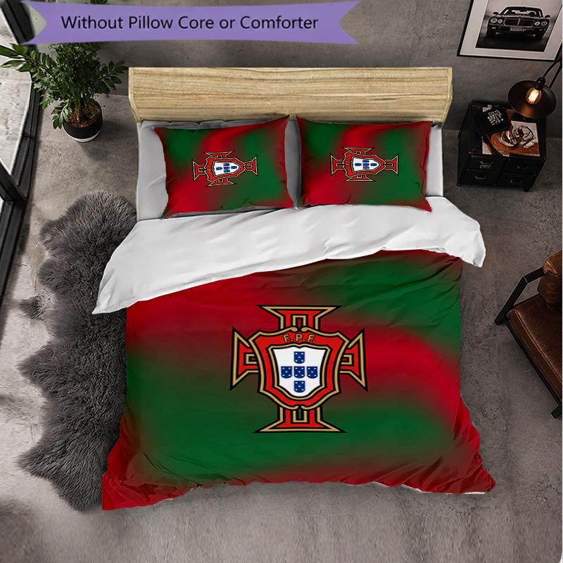 Portugal Football Pattern 3 Pieces Bedding Set Soft Microfiber Duvet Cover with Pillow Cases for Bedroom