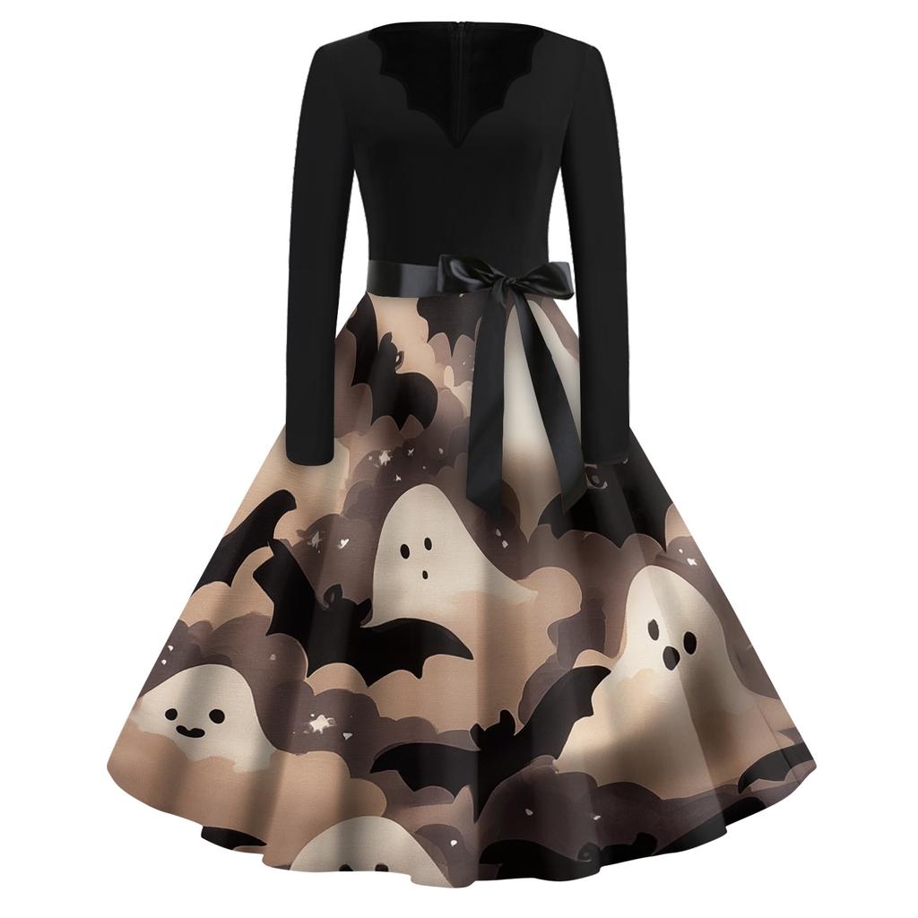 Women's Vintage Halloween Print V Neck Dress Long Sleeve Retro Fit and Flare Dress with Waist Tie Belt Casual Party Dress