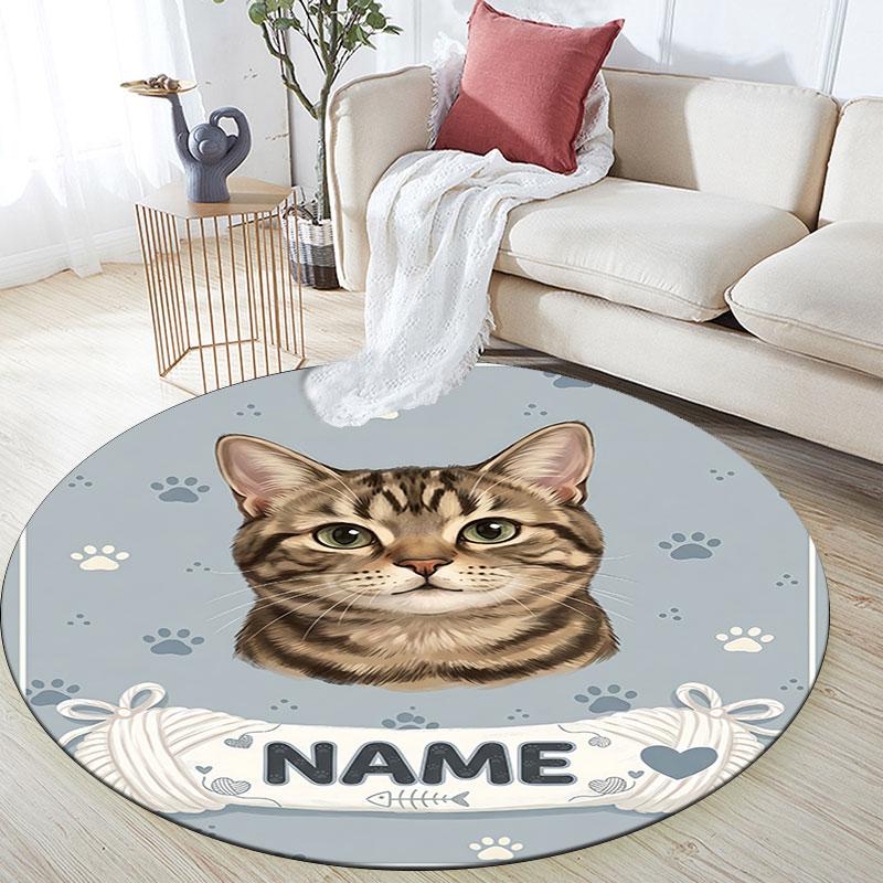 Custom Name,Cute Cat Portrait Series pattern round rug,Carpet Rug for Living Room Bedroom Playroom ,Non-slip Floor Mat,Holiday Gifts and Birthday Gift