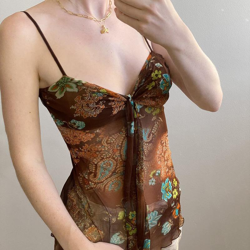 Винтажный топ с принтом на бретельках Последняя французская плиссированная лямка V-образный вырез Темпераментный топ Spice Girl Базовый с пуговицами