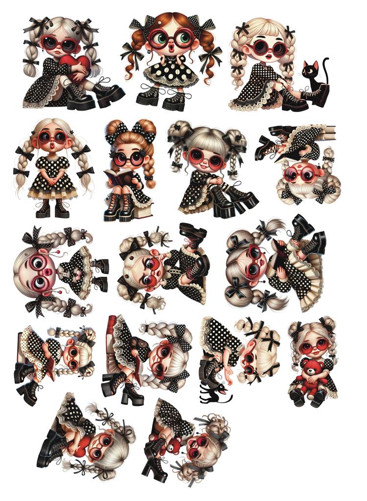 16Pcs Cute and black polka dot dress girl Cartoon Stickers Characters Japanese Style Decoration, DIY Waterproof Stationery